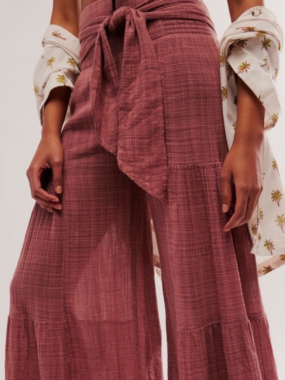 Free People One Good Day Wide Leg pants sz Large gauzy mauve pink - Picture 2 of 12